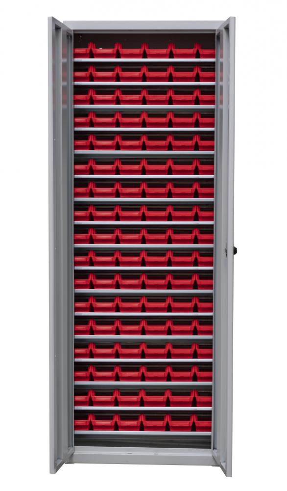 Skrinka na zásobníkové boxy 1950x710x300 mm, 102ks červený box 116x212x75mm