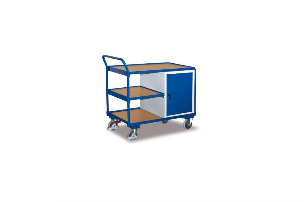 Dielenský vozík, horné madlo, pracovná plocha 1000 x 600 mm, 1 polica, 1 skrinka