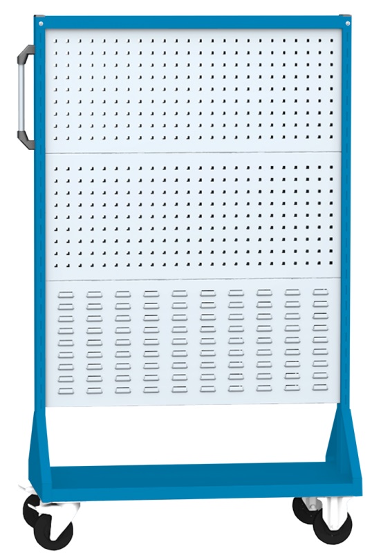 Mobilný obojstranný stojan na zásobníky a držiaky náradia, 1657x1000x504mm, farba modrá,