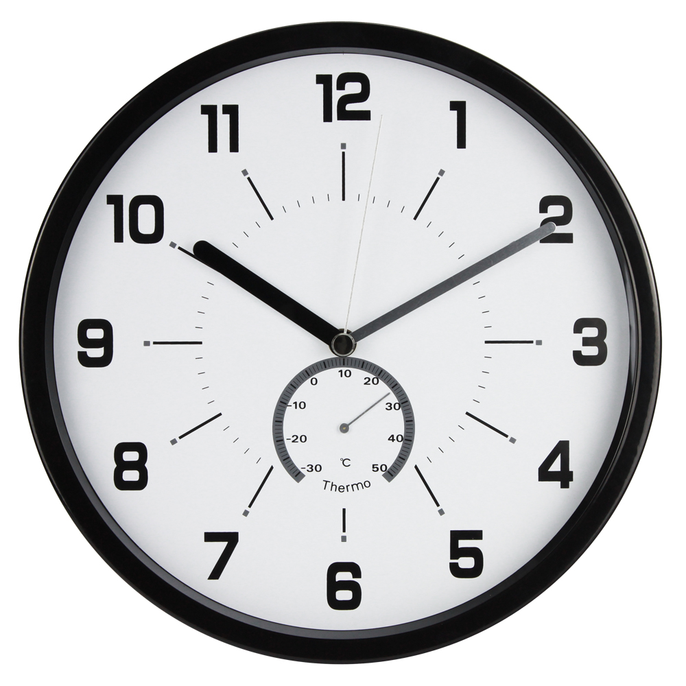 Nástenné analógové hodiny s teplomerom,  O 30 cm, čierne