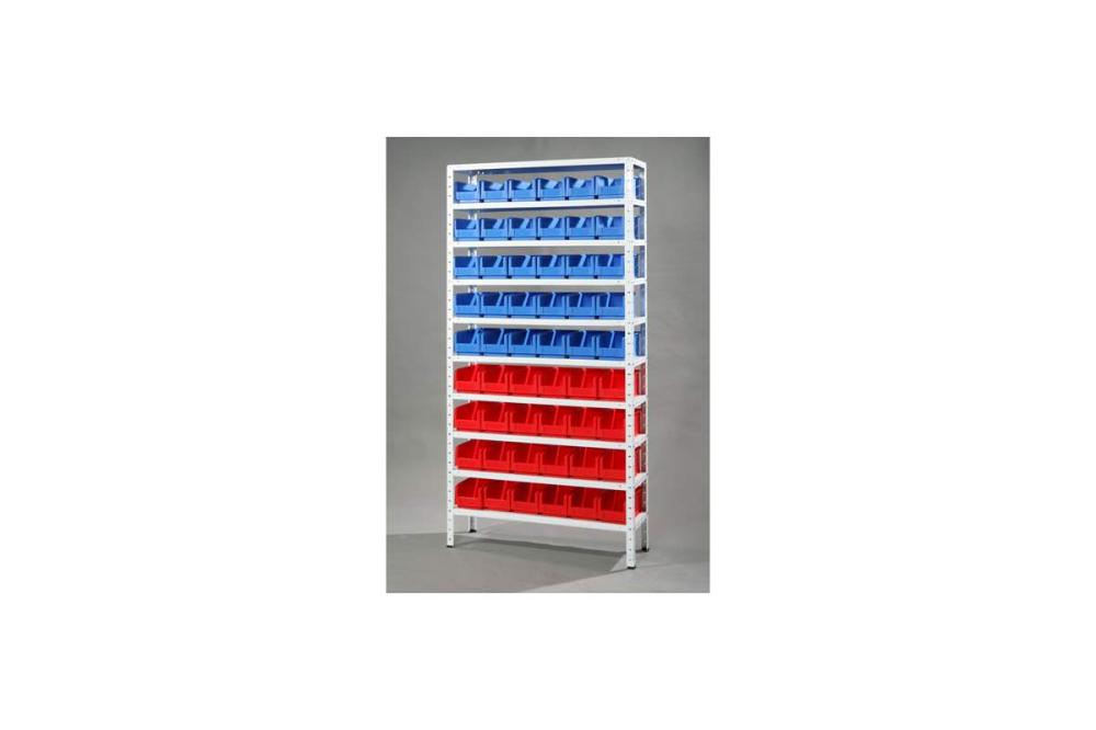 Regál so zásobníkmi 2000x1000x300mm, počet boxov 54ks, 30ks modré, 24ks červené