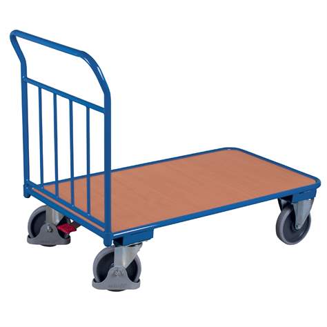 Plošinový vozík, 1200x700 mm, modrá farba, madlo, nosnosť 400 kg, kolieska s brzdou, 