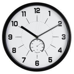 Nástenné analógové hodiny s teplomerom,  O 30 cm, èierne
